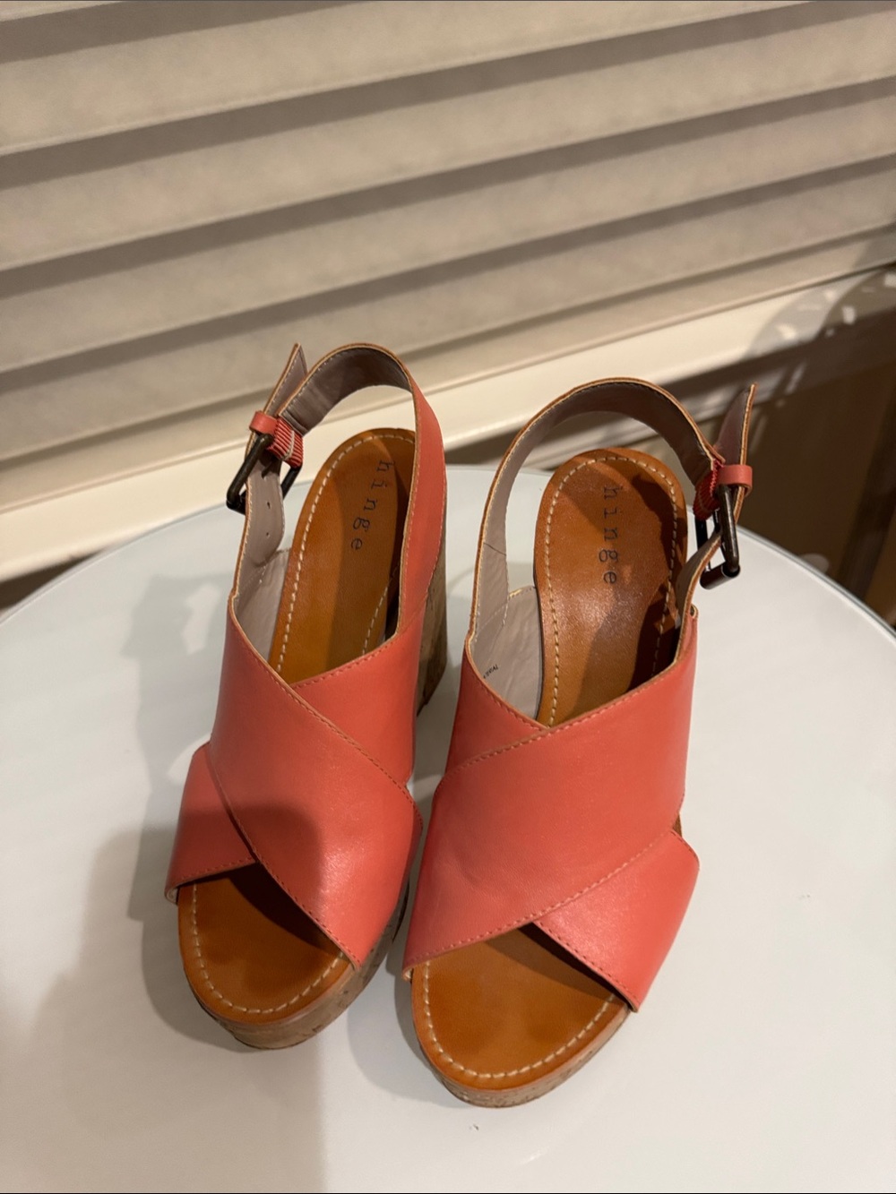 hinge Coral Leather Crisscross Wedge Sandals